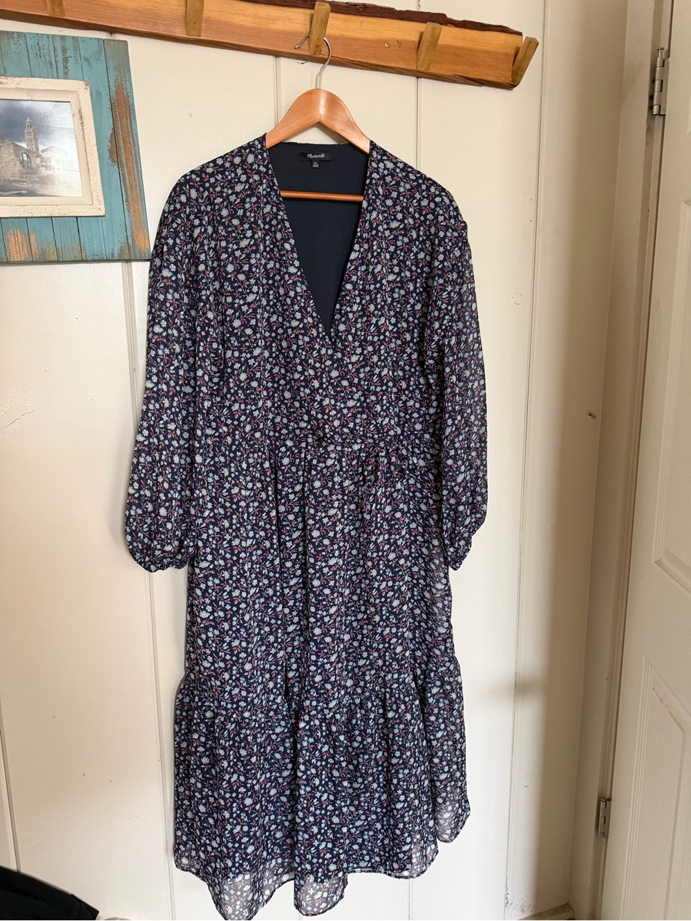 Madewell XL Floral Midi Dress Navy Wrap Tie Waist Long Sleeve NMB212